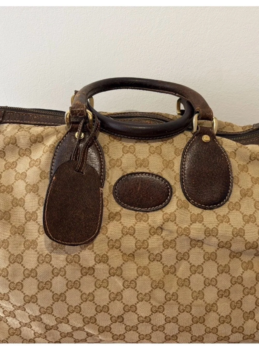 Gucci Beige Monogram Canvas Duffel with Brown Leather Trim